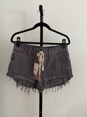 Free People Washed Gray Frayed Rope-Waist Denim Shorts